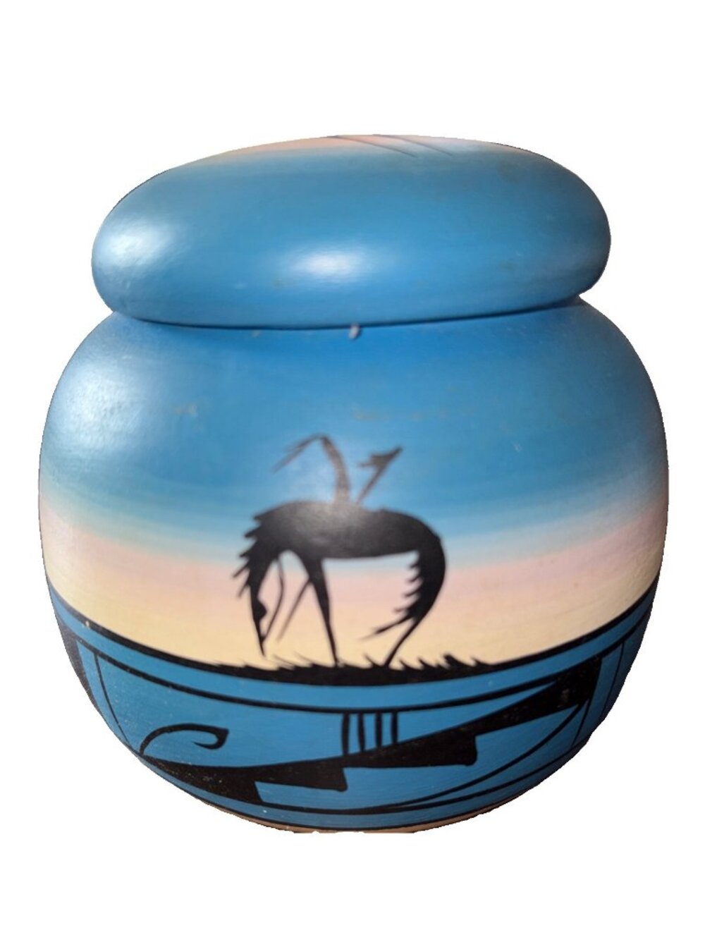 Vintage Hand Painted Navajo Pottery Lidded 4.5” Trinket Box Artist Signed w/lid